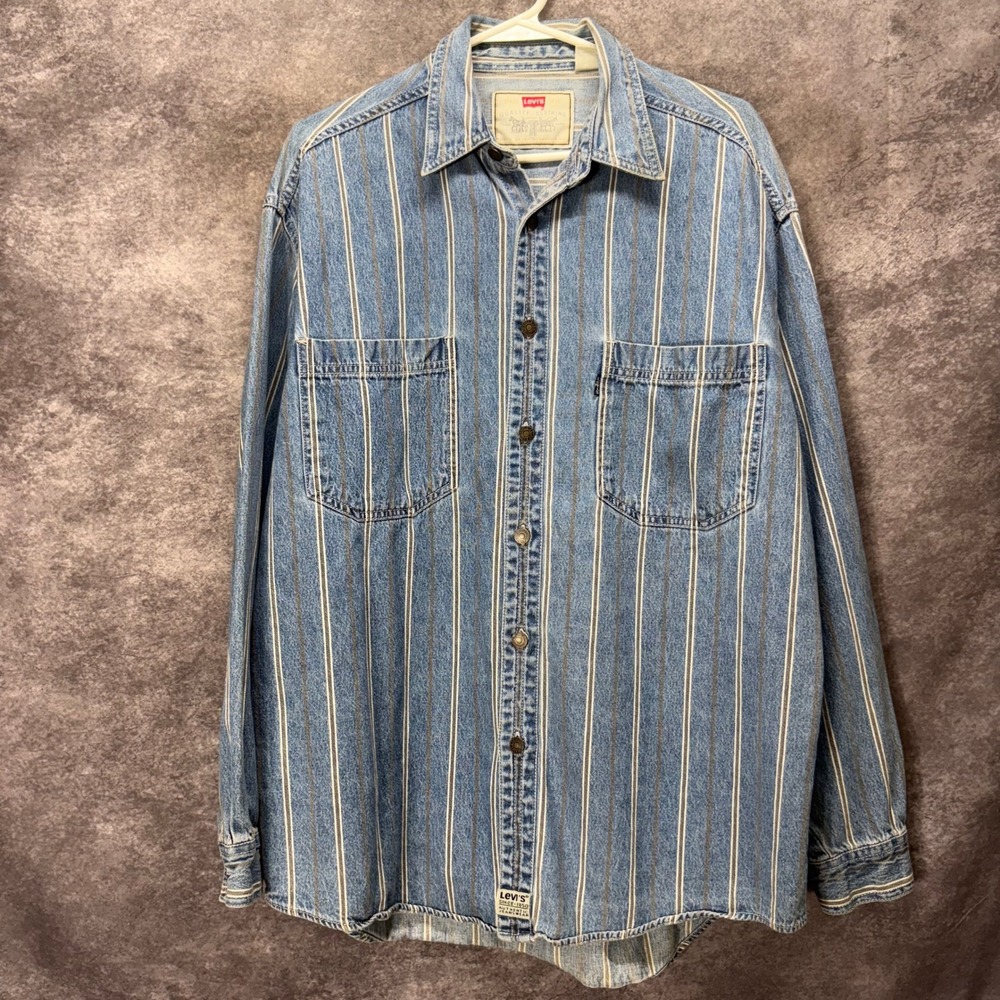 Vintage 90s Levis Blue Tab Striped Denim Button Up Work Shirt Mens Size M